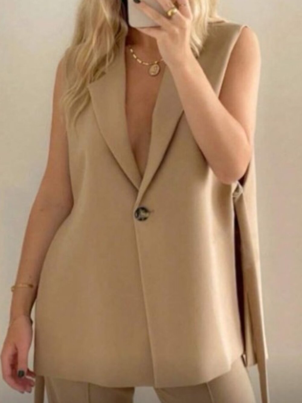 ZARA Sleeveless Tan Long Blazer Vest